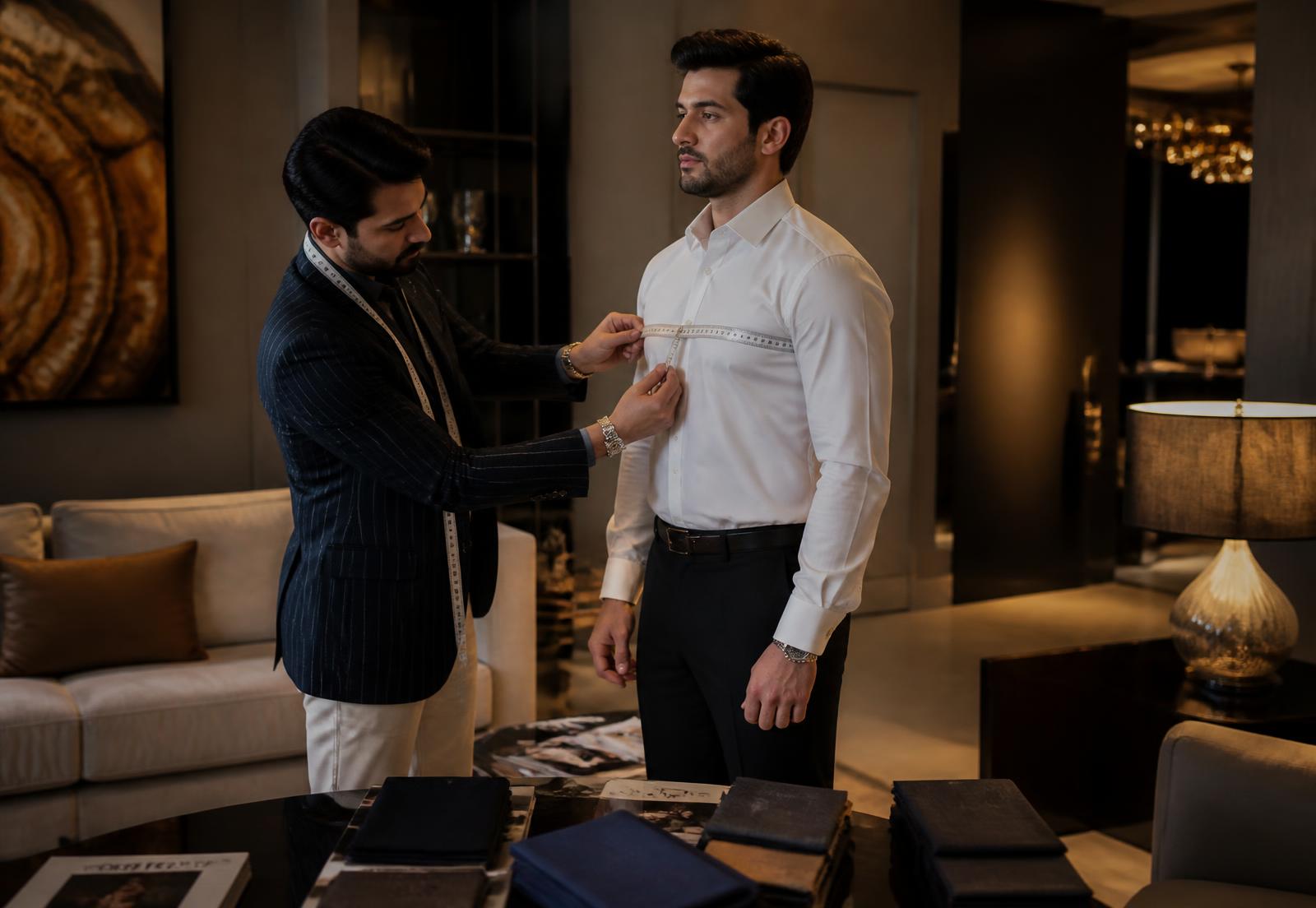 A stylist measuring a client's chest during a private in-home consultation