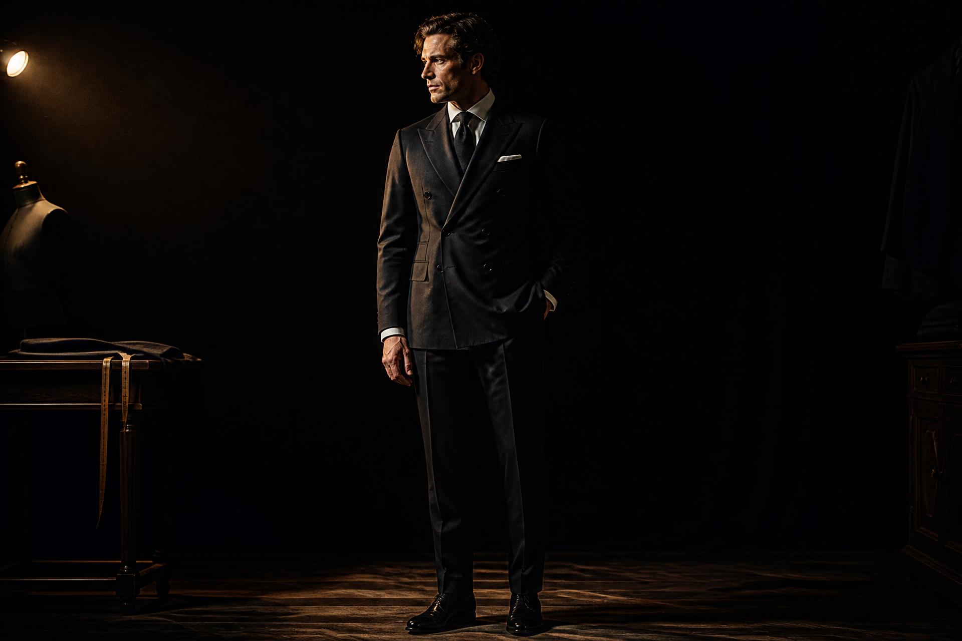 A man wearing an impeccably tailored black double-breasted suit in a darkened atelier