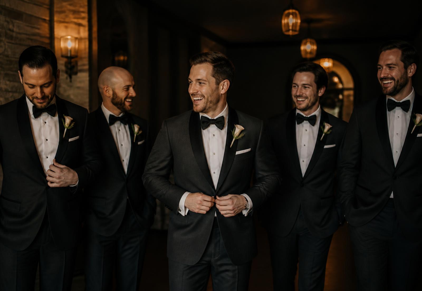 A groom and his groomsmen in matching black tuxedos